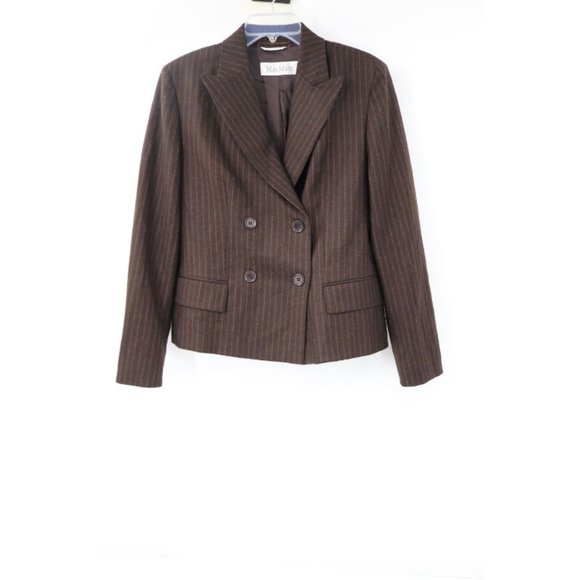MAX MARA Blazer Womens 10 Wool Cashmere Brown Striped Double Breasted peak lapel